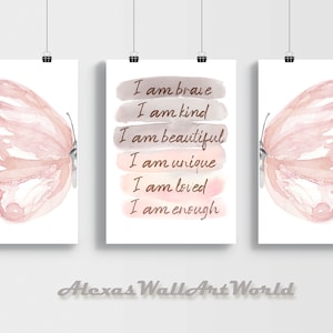 Positive Affirmation Set of 3 Prints, Watercolor Butterfly Wings Wall Art, Personalized Name Affirmation, Blush Pink Bedroom, DIGITAL Art