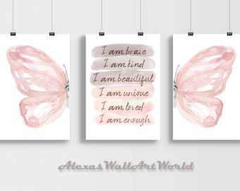 Positive Affirmation Set of 3 Prints, Watercolor Butterfly Wings Wall Art, Personalized Name Affirmation, Blush Pink Bedroom, DIGITAL Art