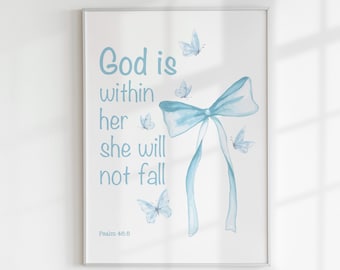 Blauwe strik bijbeltekst print, schriftposter: christelijke slaapzaalkunst (digitaal)
