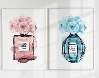 Blauwroze chique parfum- en pioenrozenprintset: glamour girl kamerdecoratie (digitale download)