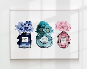 Chic Perfume & Peonies Print, Luxury Roses Painting: Glam Girl Room Decor (Digital Download