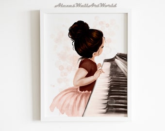 Lámina artística de una niña tocando el piano, regalo para pianistas, decoración infantil en acuarela (descarga digital)