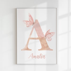 Decoración de guardería con inicial de acuarela rosa, nombre de niña, estampado floral, monograma personalizado, nombre personalizado, dormitorio infantil