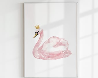 Stampa per cameretta principessa cigno, dipinto a mano con acquerello, decorazione per cameretta rosa cipria