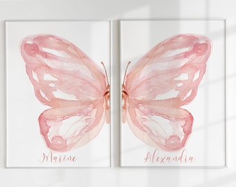 Personalised Name Pink Watercolor Split Butterfly Wing Prints, Nursery Decor, Teen dorm Poster (digital)