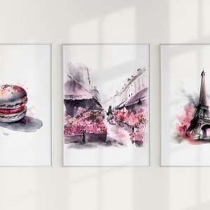 Paris Wall Art Set of 3 Prints, Gallery Wall Set of 3 Prints, Pink Paris Watercolour Posters, Nursery Decor Girl, Girl Bedroom Art, DIGITAL