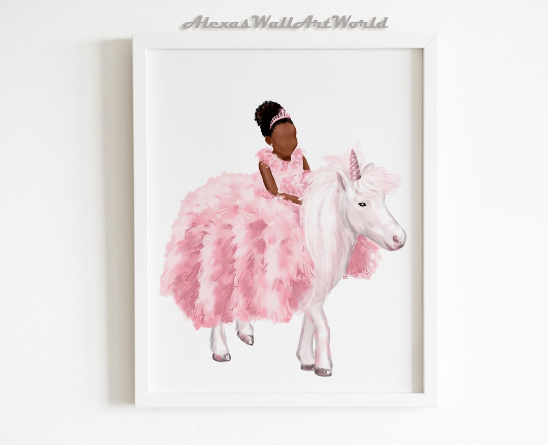 Black Unicorn Princess Wall Art, African American Princess Riding