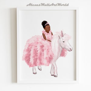 Black Unicorn Princess Wall Art, African American Princess Riding Unicorn Print, Toddler Girl Bedroom, Magic Poster Nursery, Princess Themed