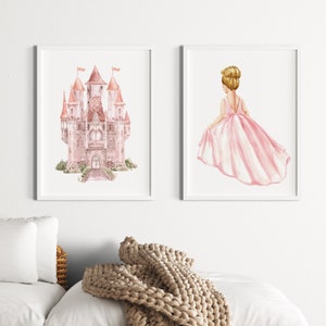 Set of 2 Wall Art Above the Bed, Princess Girl Bedroom, Princess Castle Wall Art, Magic Castle Poster Nursery Decor, Princess Themed Bedroom