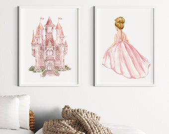 May include: Two watercolor prints, one featuring a pink castle with white accents and the other featuring a girl in a pink dress with a crown.