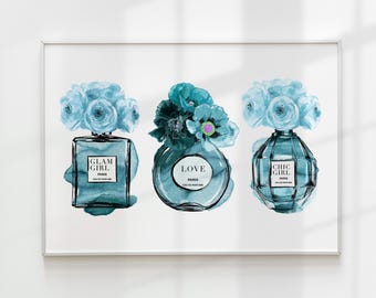 3 blauwblauwe pioenrozen en parfumflesjes print: chique meisjeskamerdecoratie (digitale download)