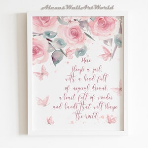 Floral Quote for Girl Nursery, Here Sleeps a Girl Poem, Flower & Butterfly, Scripture Wall Art, Toddler Girl Bedroom Decor, DIGITAL