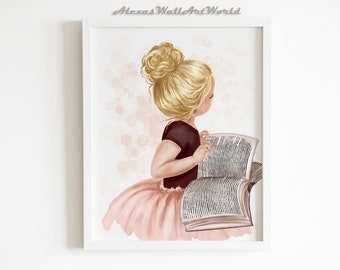 Quadro de parede com menina lendo livro, pôster para canto de leitura, decoração para quarto infantil ou berçário (digital)