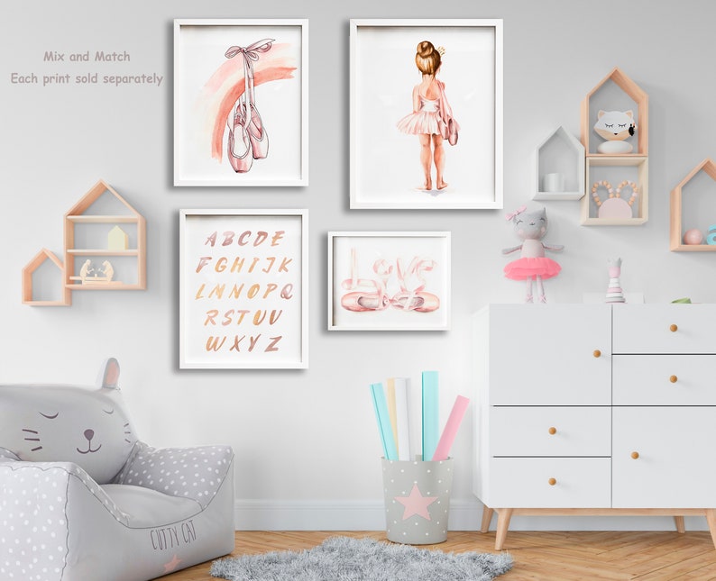 Impresión de vivero de bailarina, arte de pared de bailarina rosa rubor, cartel de dormitorio de niña pequeña bailarina rubia, decoración de vivero de acuarela suave neutra imagen 7