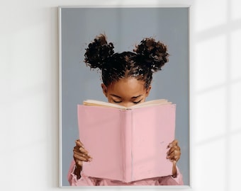 Black Girl Reading Art Print, Afro-Amerikaans kind, girly pastelkamerdecor (digitale download)