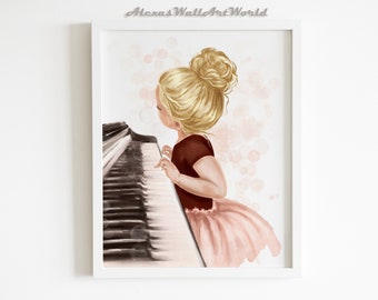 Lámina artística de una niña tocando el piano, regalo para pianistas, decoración infantil en acuarela (descarga digital)