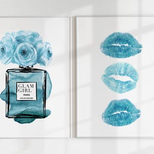 Blue Glam Girl Perfume Print Set of 2, Lipstick Marks Wall Art, Luxury Fashion Teen Girl Print, Love Paris Art, Toddler Girl Bedroom Poster