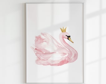 Stampa floreale per cameretta dei bambini con cigno, poster con cigno rosa cipria in acquerello, decorazione Coquette, opera d'arte paesaggistica