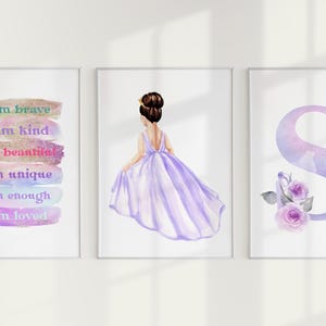 Conjunto de impresiones de princesas para guardería, arte de pared de princesitas, póster de afirmaciones, decoración de dormitorio con monograma floral de acuarela, impresión de alta calidad