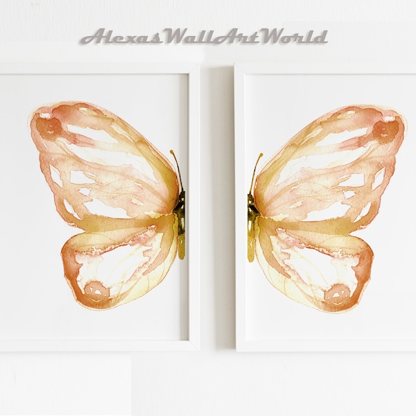 Watercolor Butterfly Wall Art Set og 2 Prints, Nursery Decor Girl, Girls Bedroom Wall Art, Rose Gold Butterfly, Butterfly Ornament Farmhouse