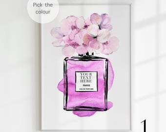 Custom Perfume Bottle Print, Peony Floral Wall Art, Custom Name Print, Paris Fashion Poster for Girls Bedroom or Dressing Room Decor