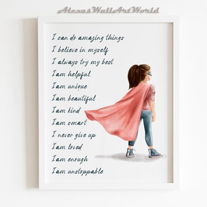 Super Girl Wall Art Print, Positive Affirmations Poster, Inspirational Wall Art, Personalized Name Toddler Bedroom, Super Princess, DIGITAL