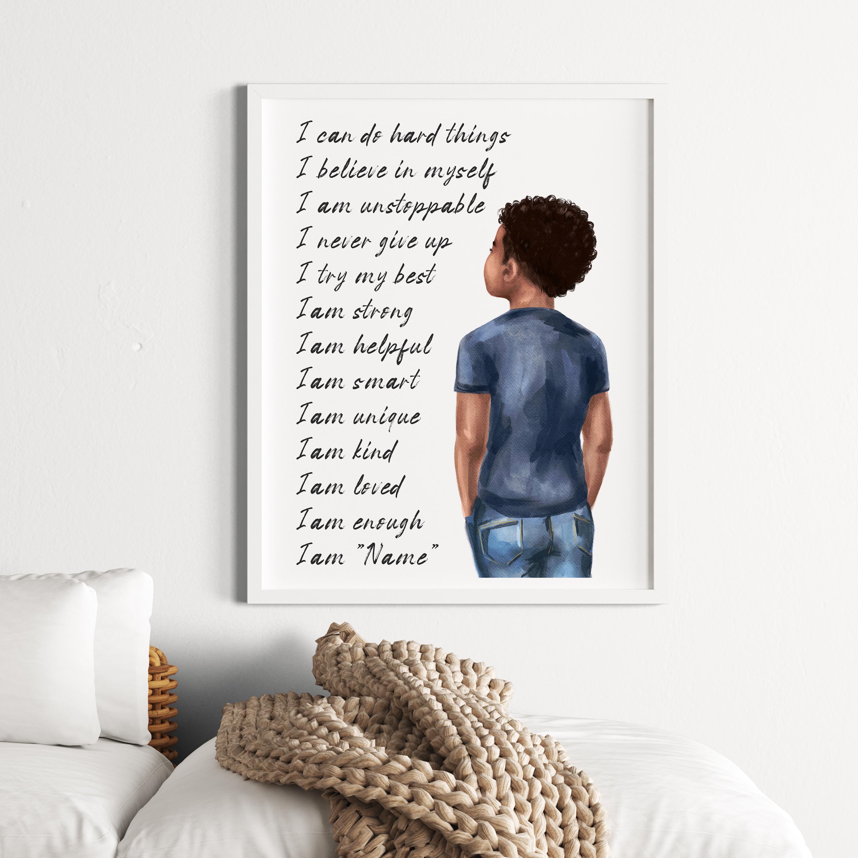 Watercolor Personalized Name Positive Affirmations Print, African American Little Boy Wall Art, Black Boy Joy, High Quality Print