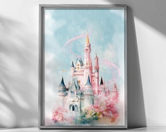 Watercolor Magic Castle Print, Princess Temple : Pink & Blue Nursery Wall Art (Digital Download)