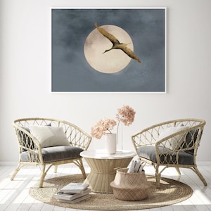 Grey Blue Japandi Art Print, Flying Bird Wall Art, Abstract Sun Art, Living Room Decor, Large, Japanese Wall Art, Bedroom Decor, Moon Print