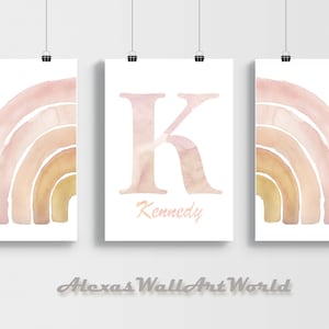 Watercolor Rainbow Wall Art Set of 3 Prints, Blush Pink Watercolor Initial Printable, Girl Name  Print Nursery Decor, Custom Monogram