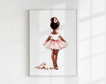 Impresión enmarcada de bailarina negra, bailarina rosa rubor, arte del dormitorio de la niña bailarina de ballet, decoración de la habitación para niños pequeños, marco de madera de papel mate premium
