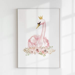 Rosa Prinzessin Schwan, Kinderzimmer Druck, Blumen und Schwan Poster, Blumen Aquarell Schwan Handmalerei, Blush Nursery Dekor, hochwertiger Druck