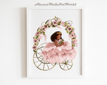 Crown Black Girl Print, Black Girl Magic, African American Princess, Princess Carriage, Young Queen Art Print, Flower Carriage Poster