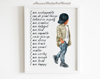 Kids Personalized Name Positive Affirmations Print, Affirmations For Boys, Black Boy Joy, Daily Affirmation, African American Boy, DIGITAL