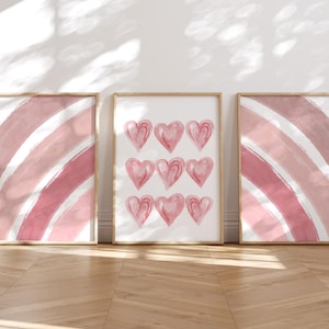 Set of 3 Pink Rainbow and Hearts Wall Art Set, Boho Nursery Decor, Blush Modern Girl’s Room Art, Digital Downloads or Hight Quality Print