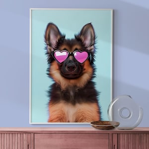 Puppy Wall Art, Colourful Nursery Puppy Decor, Puppy in Pink Heart Glasses Print, Fun Kid&#39;s Room Decor, Eclectic Playroom Dog Print