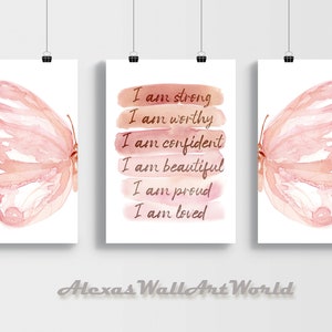 Positive Affirmation Set of 3 Prints, Watercolor Butterfly Wings Wall Art, Personalized Name Affirmation, Blush Pink Toddler Bedroom,DIGITAL