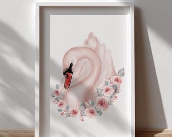 Stampa floreale rosa con cigno e principessa, decorazione per la cameretta della bambina, stampe con cigni per la cameretta (digitale)