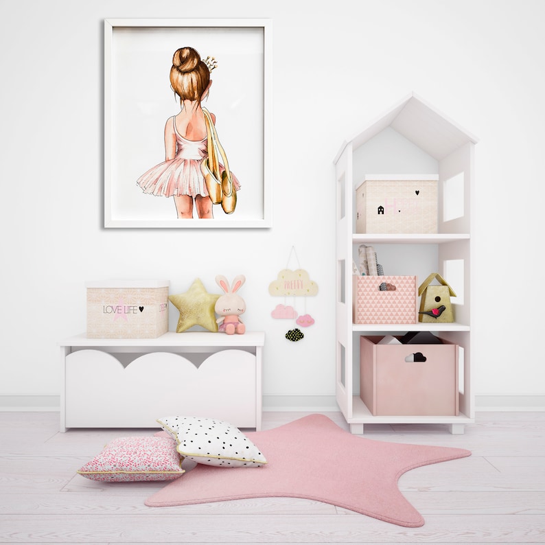 Impresión de vivero de bailarina, arte de pared de bailarina rosa rubor, cartel de dormitorio de niña pequeña bailarina rubia, decoración de vivero de acuarela suave neutra imagen 3