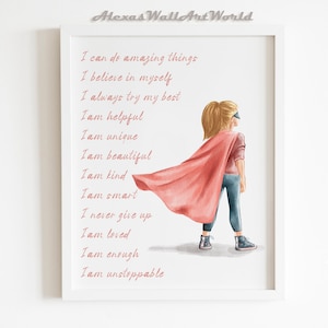 Super Girl Poster, Nombre personalizado Afirmaciones positivas Arte mural, Arte mural de diversidad, Chica afroamericana, Cita inspiradora, DIGITAL