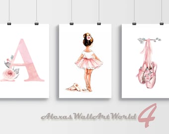Set of 3 Prints, Ballerina Wall Art Decor, Custom Name Ballerina DIGITAL Prints, Blush Pink Ballerina Nursery Decor, Flowers and Slippers