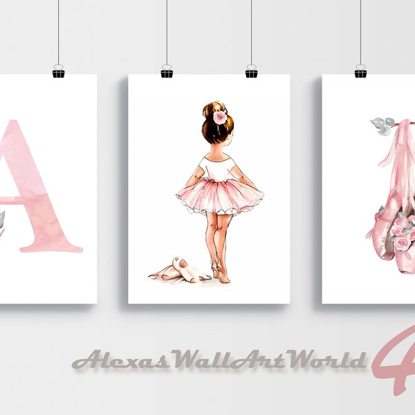 Set of 3 Prints, Ballerina Wall Art Decor, Custom Name Ballerina DIGITAL Prints, Blush Pink Ballerina Nursery Decor, Flowers and Slippers