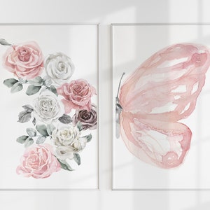 Acuarela mariposa y rosas arte de la pared conjunto de 2 impresiones, arte de la pared del dormitorio de las niñas, mariposa gris rosa, granja del ornamento de la mariposa