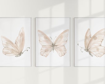 Watercolor Butterfly Print Set, Neutral Nursery Wall Art (Digital Download)