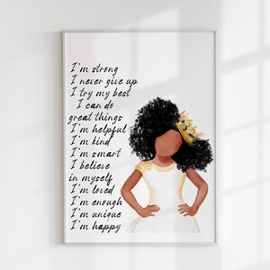 Poster con cornice in legno di qualità premium con affermazioni positive, principessa afroamericana, con carta opaca di qualità superiore, decorazione personalizzata per la cameretta dei bambini della principessa