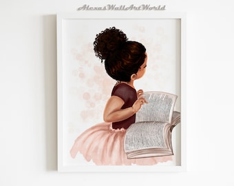 Leesboek Afro-Amerikaans meisje, decor boekenhoek, leescadeau voor minnaar (digitale download)