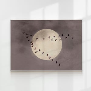 Neutral Japandi Moon Wall Art Print, Flock of Birds Print, Minimalist Landscape Artwork, Large Living Room Decor, Moon Poster, Oriental Art