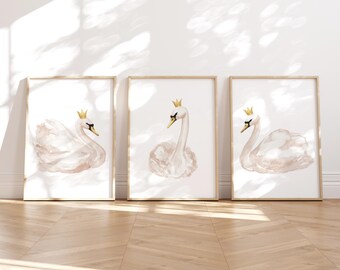 3 Princess Swan Kinderzimmer Drucke Set, Aquarell Schwan Malerei, Blush Schlafzimmer Dekor (DIGITAL)