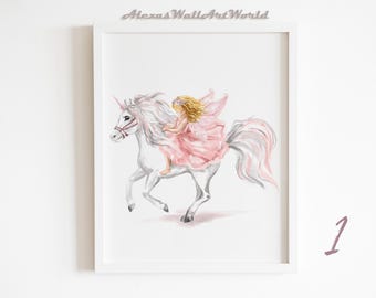 Unicorn Princess Girl Art Print, Personalized Princess Nursery Decor, Fairy Riding Horse, Museum-quality Paper
