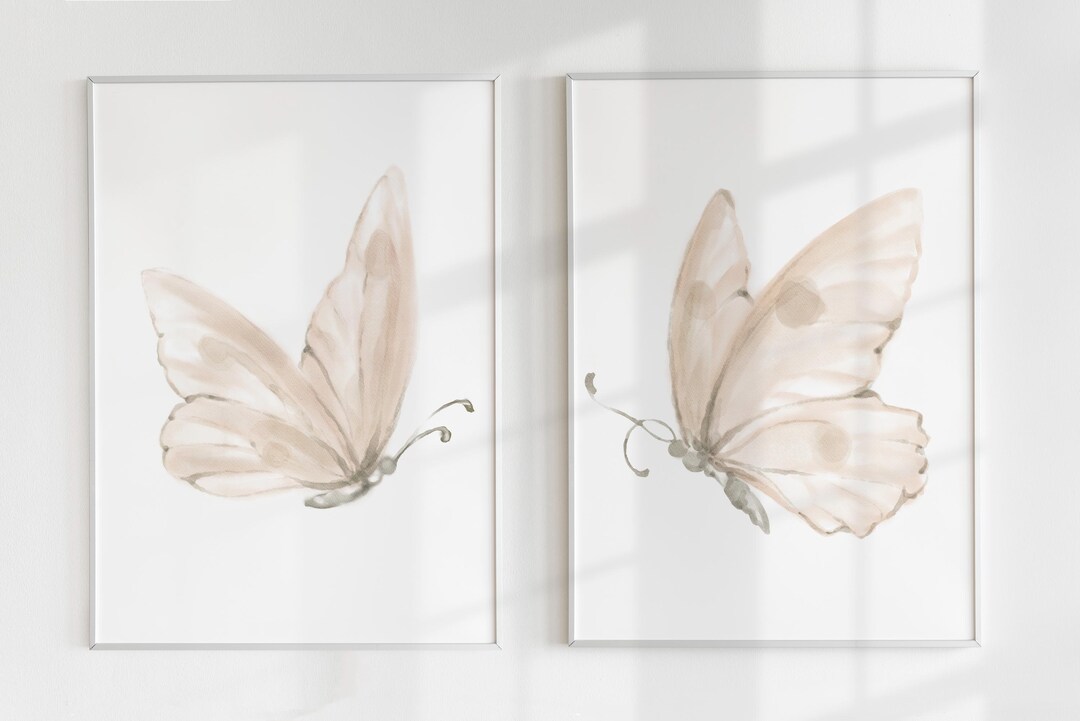 Watercolor Butterfly Print Set of 2 : Beige Nursery Wall Art (digital ...